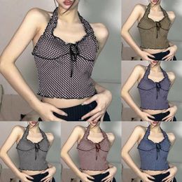 Camisoles & Tanks Black Ice Silk Stripe Jacquard Sweet And Spicy Sexy Wood Ear Edge Hanging Neck Ultra Short Knitted Halter Biking Tops For