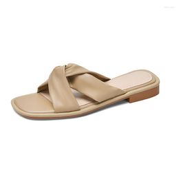 Slippers Plus Size 34-43 Women Weave 2023 Summer Low Heel Slieds Open Toe Casual Shoes Fashion Ladies Apricot Beige Slipper