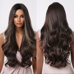 Synthetic Wigs ALAN EATON Middle Part Long Wavy For Women Ombre Dark Brown Highlight Wig Cosplay Daily Party Heat Resistant Hair