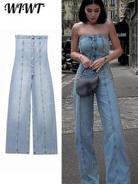 Womens Jumpsuits Rompers Women Tube Top Backless Denim Blue Sleeveless Single Breasted Wide Leg Jumpsuit Female Casual Streetwear Romper 230609