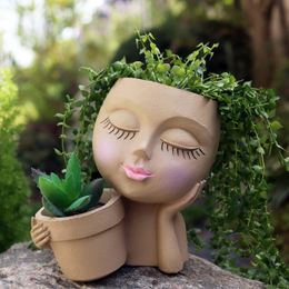 Planters Pots Girls Face Head Flower Planter Closed Eyes Figure Sculpture Resin Pot With Drain Hole Cartoon Doll Vase 230608