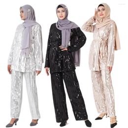 Ethnic Clothing Dubai Style Muslim Sets Casual Sequin Suits Flare Sleeve Woman Blouse Tops Wide Pants Islamic Turkey Robes Middle Ea