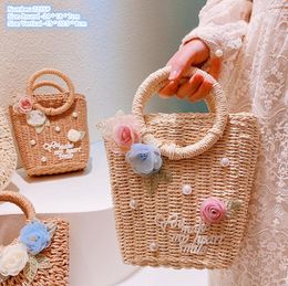 Factory wholesale ladies shoulder bags 4 colors sweet girl seaside holiday straw beach bag hand-woven mesh rose fashion handbag small fresh pearl handbags 2255#