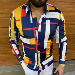 Men's long sleeved shirt casual fashion street clothing geometric printing buttons lapel men's shirt autumn new 2023