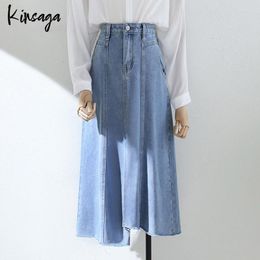 Skirts Vintage Korean Irregular Hem A-line Denim Women Fashion High Waist Split Blue Fringe Jean Skirt Casual Pocket Baggy