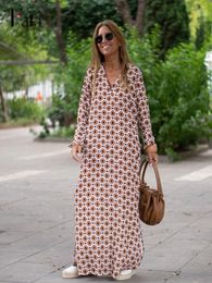 Basic Casual Dresse Sexy V neck Printed Maxi Bohemian Summer Long Sleeve Dress Female Vintage Holiday Loose Beach Cover Up Robe 230609