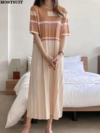 Party Dresses 2023 Summer Korean Ice Silk Thin Knit Long Dress Women Short Sleeve O-neck Color-blocked Straight Loose Ladies Vestidos Mujer