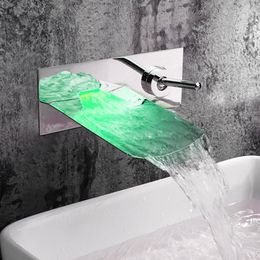 Bathroom Sink Faucets Full Brass LED Waterfall Vanity Vessel Faucet Wall Mount Chrome Temperature Sensor Color Changing