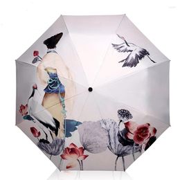 Umbrellas Creative Painting Black Coating Umbrella Three Fold Paraguas Women Parasol Anti-uv Waterproof Rain