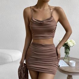 Casual Dresses Sexy Halterneck Mini Dress Women Long Sleeve V Neck Slip Party Pleated Bodycon Backless Two Piece Set