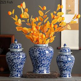 Storage Bottles Flower Branches Texture General Tank Tea Canister Candy Pots Blue And White Porcelain Ginger Jar Desk Decoration Vase
