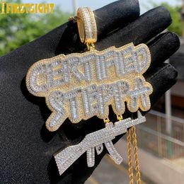 Pendant Necklaces Iced Out Bling CZ AK47 Gun Necklace Cubic Zirconia Letter Certified Steppa Charm Men Fashion Hip Hop Jewellery 230609