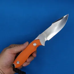 High Quality M2371 Outdoor Straight Hunting Knife 5Cr13Mov Satin Drop Point Blade Orange G10 Full Tang Handle Fixed Blade Knives with Kydex and Survival Whistle