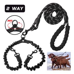 Dog Collars Leashes No Tangle Dual Leash Strong 2 Way COUPLER Pet Rope Elastic Extended Reflective for Double Twin Small Medium Dogs Item Z0609