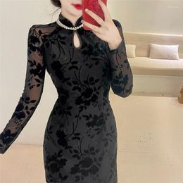 Ethnic Clothing Chinese Style Velvet Lace Cheongsam Autumn Winter Flocking Printing Young Retro Qipao Black Improved Elegant Daily Dress