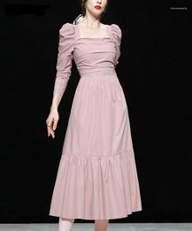 Casual Dresses Autumn Temperament French Square Neck Long Skirt Pink Waist Thin Elegant Mid-length Pleated Dress