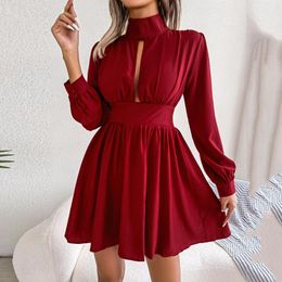 Casual Dresses Women Long Sleeve Spring Dress Solid Colour Mock Neck Cut Out Pleated Female High Waist Swing Fairy Vintage