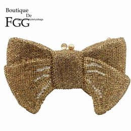 Shoulder Bags Boutique De FGG Novelty Women Bow Clutch Crystal Evening Bags Hard Case Metal Minaudiere Rhinestone Handbags Wedding Party Purse