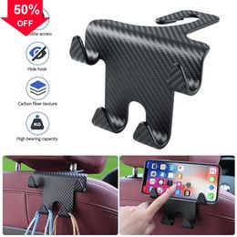 New Carbon Fiber Car Seat Headrest Hook with Universal Mobile Phone Holder Multifunction Back Seat Hook for Purses and Bags