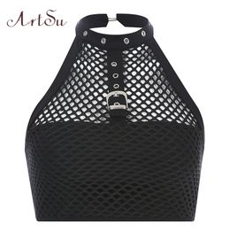 Women's Tanks Camis ArtSu Sexy Black Mesh Tank Top Y2K Gothic Halter Backless Crop Top Streetwear Bodycon Hollow Out Tank Tops Women Clothing 230609