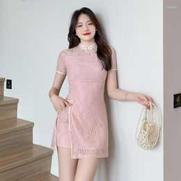 Work Dresses Suit Female 2023 Summer Fashion Pink Improved Lace Cheongsam Dress Shorts Two-piece Set