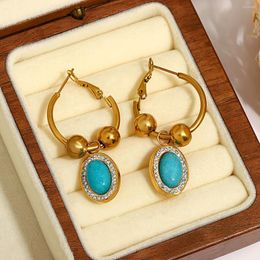 Hoop Earrings Greatera Vintage Stainless Steel Oval Blue Natural Stone For Women Gold Plated Metal Waterproof Jewery