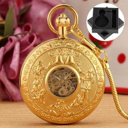 Pocket Watches Gift Box Automatic Men's Mechanical Watch Gold Copper Double Sides Cover Fob Chain Antique Self Winding Timepiece Male