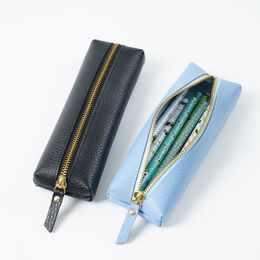 Genuine Leather Pencil Case Zippered Pen Case Stationery Bag Zipper Pouch Pencil Holder 122583