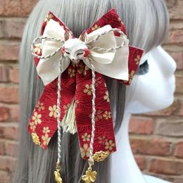Wedding Hair Jewellery Cos Yae Miko Retro Sakura Tassels Cute Big Bowknot Hairpin Headwear Japanese Kimono Haori Lolita Accessories Side Clip 230609