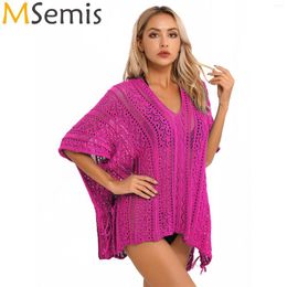 Women's Swimwear Women Hollow Out Crochet Beach Swimsuit Bikini Cover Ups V Neck Side Split Drawstring Up Top Sun Protection Coat