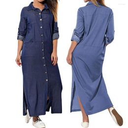 Casual Dresses Long Dress Sleeve Shirt Women Denim Single Breasted Pocket Button Print Loose Dres Plus Size S-5XL