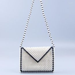 Evening Bags Black White Contrasting Colours Pearl Beaded Bag Korean Style Women's Handmade Shoulder Party Wedding Square Purse Sac A