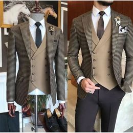 Men's Suits Blazers Brown Small Square Blazer Trousers Lattice Pattern Plaid Wedding Wear Clothing Slim Fit Outfit 3pc Jacket Pants Vest 230609