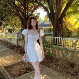 Women's Swimwear Short Skirt Pure Summer Girl Slim Waist Flying Sleeves Square Neck Dress Sweet Women Little White 230608