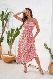 Casual Dresses SUJYing Fashion Women's 2023 Summer Product Waist Collection Flower Print Dress V-Neck