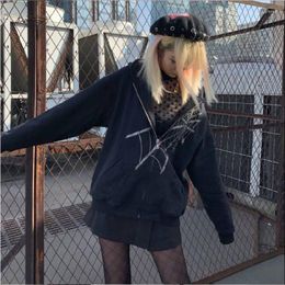 Women's Hoodies Gothic Black Rhinestone Punk Hooded Women Fairy Grunge Dark Academia Jacket Coat Harajuku Zipper Sweatshirts Emo Alt
