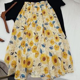 Skirts 2023 Spring Summer Versatile Mid Length Half Skirt Sunflower Fashion Style A-line