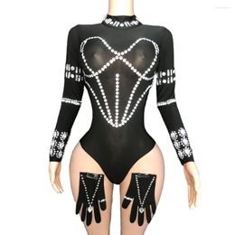 Stage Wear Sparkly Rhinestones Black Leotard Gloves Set Women Nightclub Outfit Dance Costume One-piece Sexy Performance Clothing