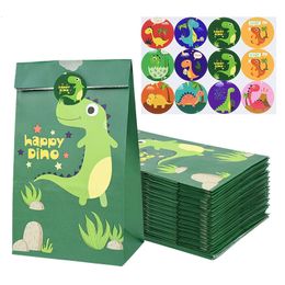 Gift Wrap 12Pcs Cartoon Dinosaur Favour Gift Paper Bags With Stickers Dino Roar Birthday Candy Packing Bags For Kids Jungle Party Supplies 230608