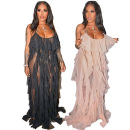 Women's Swimwear Sexy Mesh Beach Maxi Dresse Spaghetti Strap Ruffle Robe Summer Fashion Backless Swimsuit Cover Up 230608