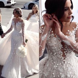 Gorgeous Lace Mermaid Wedding Dresses Overskirts Illusion Long Sleeves Wedding Dress Appliques wedding bridal gowns