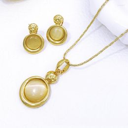 Necklace Earrings Set Latest Women Fashion Opal Jewellery Gold Colour Round Pendant Bride Wedding Party Accessories