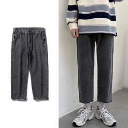 Men's Jeans Streetwear Smoky Gray Baggy 2023 Autumn Korean Fashion Straight Denim Cropped Trousers Wide Leg Pants MaleMen's