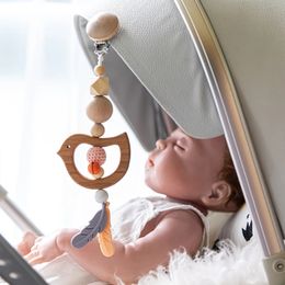 Mobiles# Wooden Music Rattle Animal Star Mobile Holder Teething Pendant Gym Rodent Silicone Bead Necklace Clip rattle for stroller 230608