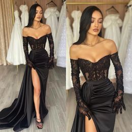 Black Lace Prom Dress With High Slit Sweep Train For Special Ocns And Formal Evenings