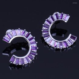 Stud Earrings Gallant Half Moon Shape Purple Cubic Zirconia Silver Plated V0182