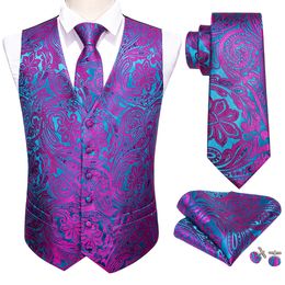 Men's Suits Blazers Rose Red Men Wedding Suit Vest Blue Floral Jacquard Folral Silk Waistcoat Vests Handkerchief Tie Set Barry.Wang Design 230609