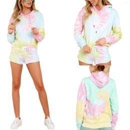 Women's Tracksuits 2023 Sweater Suit Tie-Dye Hooded Long Sleeves Sweatshirt Elastic Waist Shorts For Girls 2Pcs Women Summer Tracksuit