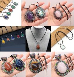 Chains Vintage Stone Necklace Oval Natural Rose Quartz Red Agate Lapis Lazuli Tiger Eye Opal Pendant Rope Chain For Women Jewellery Gifts