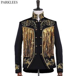 Men's Suits Blazers Luxury Tassel Sequins Glitter Blazer Men Stand Collar Double Breasted Steampunk Military Drummer Punk Gothic Jacket Male 230608